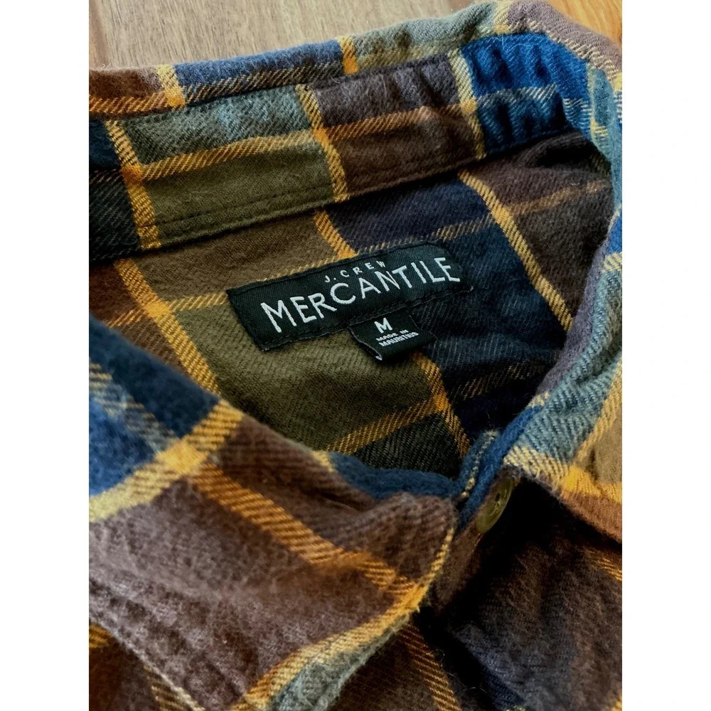 J.Crew Mercantile Mens Medium Plaid Flannel Shirt Brown Navy Olive Cotton M
